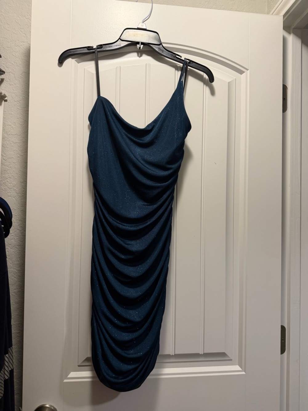Blue Ruched Cowl Neck Slip Dress One Sholder
